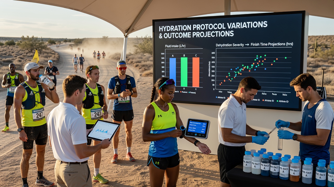 Detailed view of hydration stations and athlete fluid management during an endurance competition